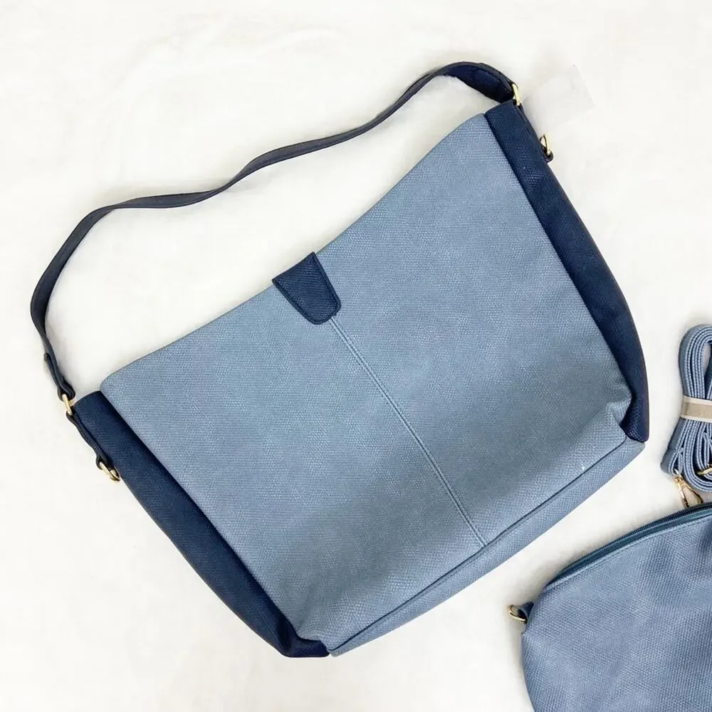 Blue Shoulder Bag Set Medium Large 11x14 w/ Detailed Strap + Matching Pouch NWT